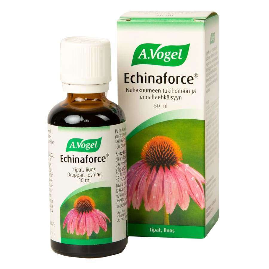 A bottle and box of A.Vogel Echinaforce drops, a traditional herbal medicine with a pink echinacea flower on green and white packaging, featuring Finnish and Swedish text about use for cold symptom prevention.