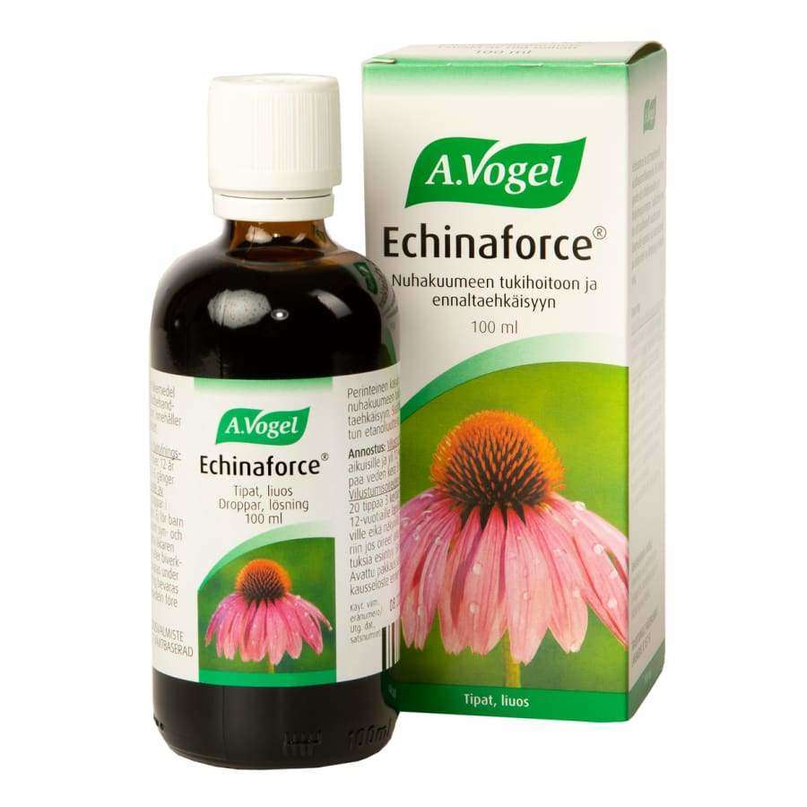 A brown glass bottle of A.Vogel Echinaforce drops with a white cap stands by its box. Both feature a pink Echinacea flower and green A.Vogel branding, highlighting this traditional herbal medicine for cold prevention.