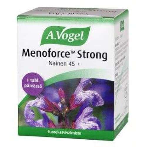 A.Vogel Menoforce Strong is a herbal supplement by A.Vogel for women 45+, supporting menopause symptom relief. The packaging features a purple flower and Finnish text.