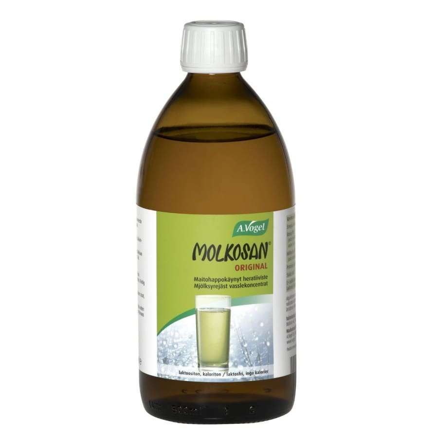 A.Vogel Molkosan Original comes in a brown bottle with a white cap, featuring a green and white label and an image of pale yellow fermented whey concentrate for digestive wellbeing.