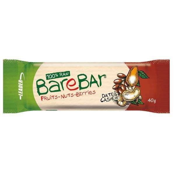 The BareBar Cashew 24-pack by BareBar features vegan, gluten-free snack bars in green and red 40g wrappers labeled 100% Raw with Dates & Cashew flavor, illustrated with dates and cashews.
