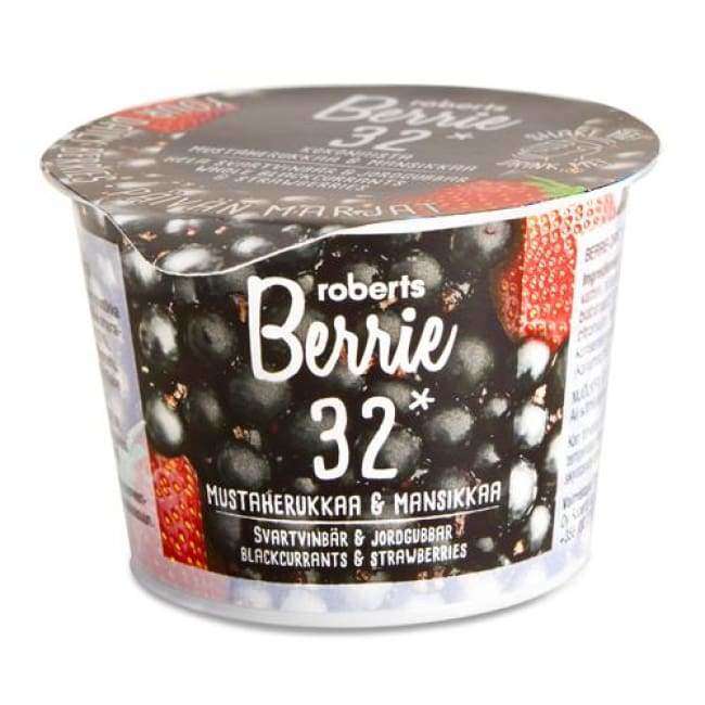 A Roberts Berrie Blackcurrant & Strawberry snack features berry images on the packaging and multilingual product info. This whole berry juice is vitamin C rich.