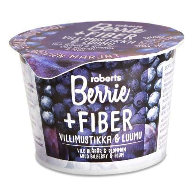A container of Roberts Berrie Berrie+ Fiber Wild Bilberry & Plum yogurt, with Nordic superberries, product info in English and Finnish, and blueberry images on the lid and sides. Enjoy this high-fiber drink!.