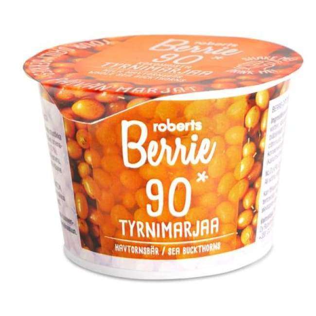 Enjoy a cup of Roberts Berrie’s Berrie Sea Buckthorn whole berry drink or smoothie, with an orange label displaying sea buckthorn berries and Finnish text.