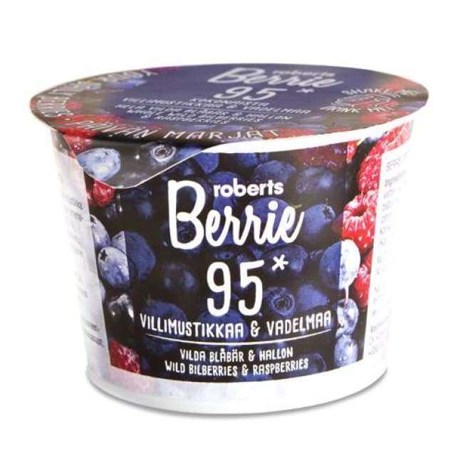 A container of Roberts Berrie’s Berrie Wild Bilberry & Raspberry drink features berries on the packaging and text in Finnish, Swedish, and English. It’s packed with anthocyanins.