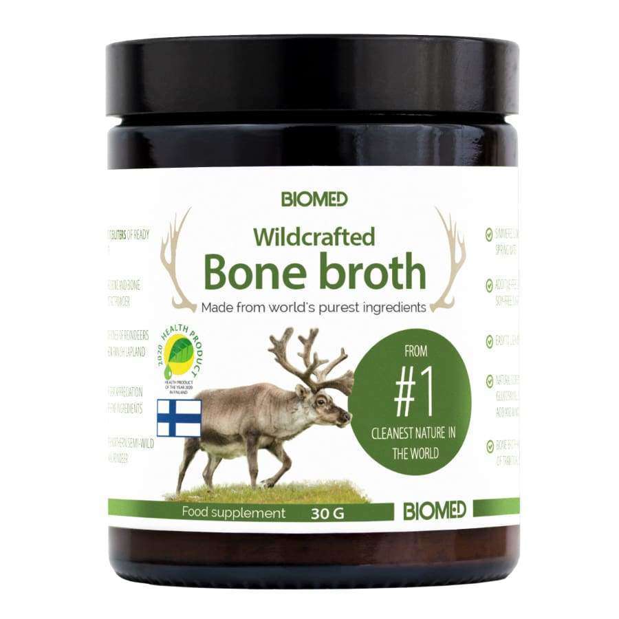 Biomed Reindeer Bone Broth Powder: a natural collagen-rich supplement made from Finland’s purest ingredients, featuring a reindeer and Finnish flag on the jar. From the #1 cleanest nature in the world.