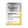 A box of Dr. Tolonen Berberine 500 mg + Chromium tablets in gray, white, and yellow packaging highlights berberine and chromium to help support normal blood glucose levels, with Finnish product details on the front.