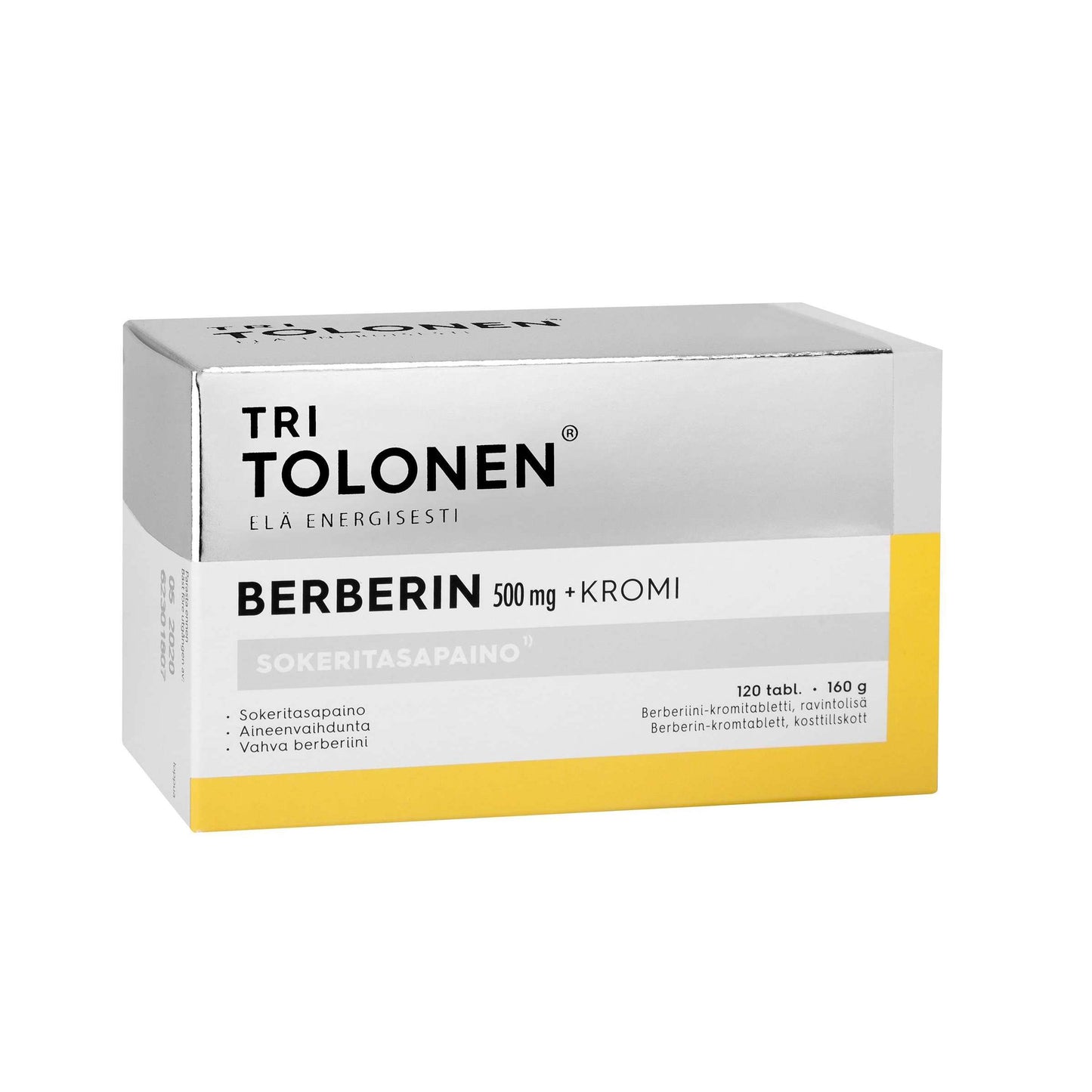A box of Dr. Tolonen Berberine 500 mg + Chromium dietary supplement (120 tablets) supports healthy blood glucose. The packaging is white, grey, and yellow with product info and the Dr. Tolonen logo on the front.