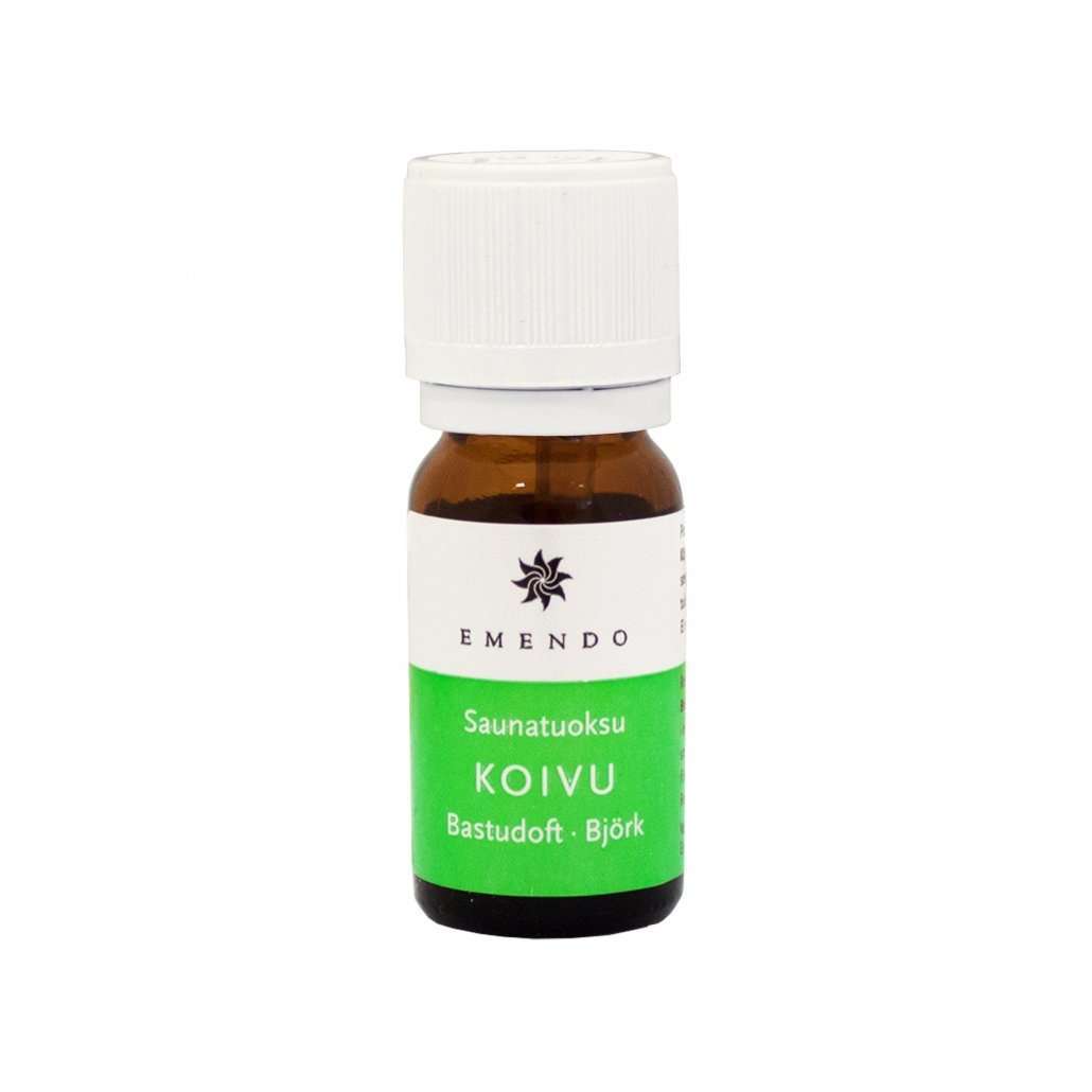 A small brown glass bottle with a white cap, labeled Emendo Sauna Fragrance Birch by Emendo, used for an authentic birch aroma in the sauna, shown on a green and white background.