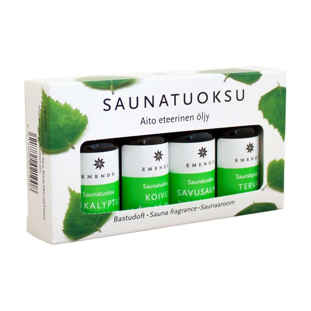 The Emendo Sauna Fragrance gift set includes four scents—eucalyptus, birch, smoke sauna, and tar—with Finnish text and green leaf designs on the box. These essential oils are made in Finland by Emendo.