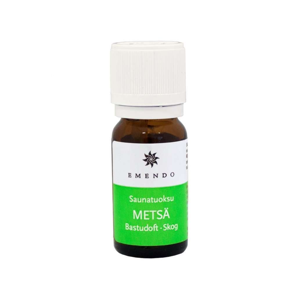 A small brown glass bottle with a white cap and green and white label contains Emendo Sauna Fragrance Forest by Emendo, filling your sauna with a refreshing forest scent.