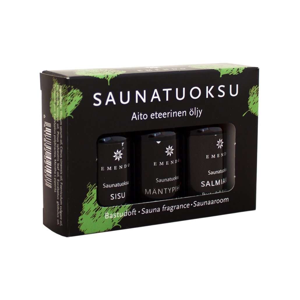 The Emendo Sauna Fragrance Salmiac, Pine & Sisu boxed set features three Finnish-made scents with “Saunatuoksu” in Finnish and leaf illustrations on sleek black packaging.