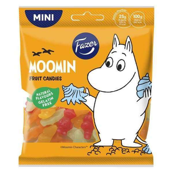 Fazer Moomin Fruit Sweets by Fazer come in yellow packaging with Moominmamma on the front, offering fruity, gelatin-free, fruit-shaped sweets inside.