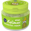 A green jar of Fazer Xylimax Moomin Pear Pastilles features a cartoon character with a hat and scarf on the label, along with pear illustrations. The label includes text in Finnish and Swedish. Finnish-made product by Fazer.