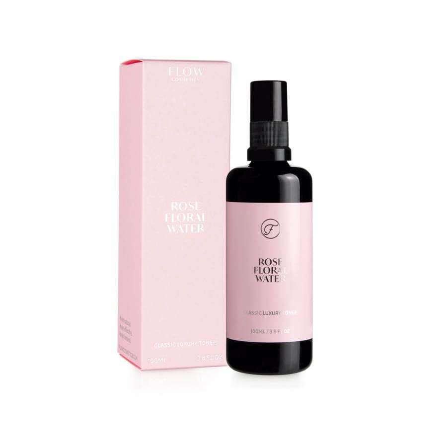 Flow Cosmetics Organic Rose Floral Water comes in a sleek black spray bottle with a matching pink box. Made with organic rose water and radish root ferment, it’s the ideal natural toner for your skincare routine.