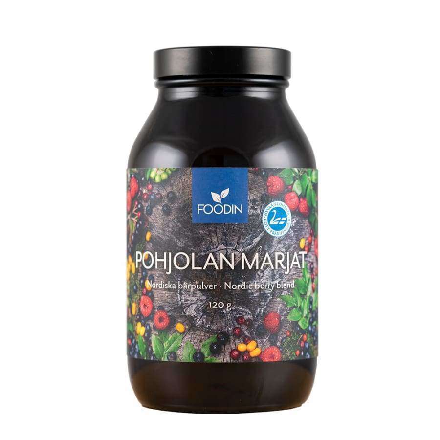 A dark plastic jar labeled Foodin Nordic Berry Powder Blend, 120 g, features a Finnish blend of premium freeze-dried berries with assorted berries illustrated on the label.