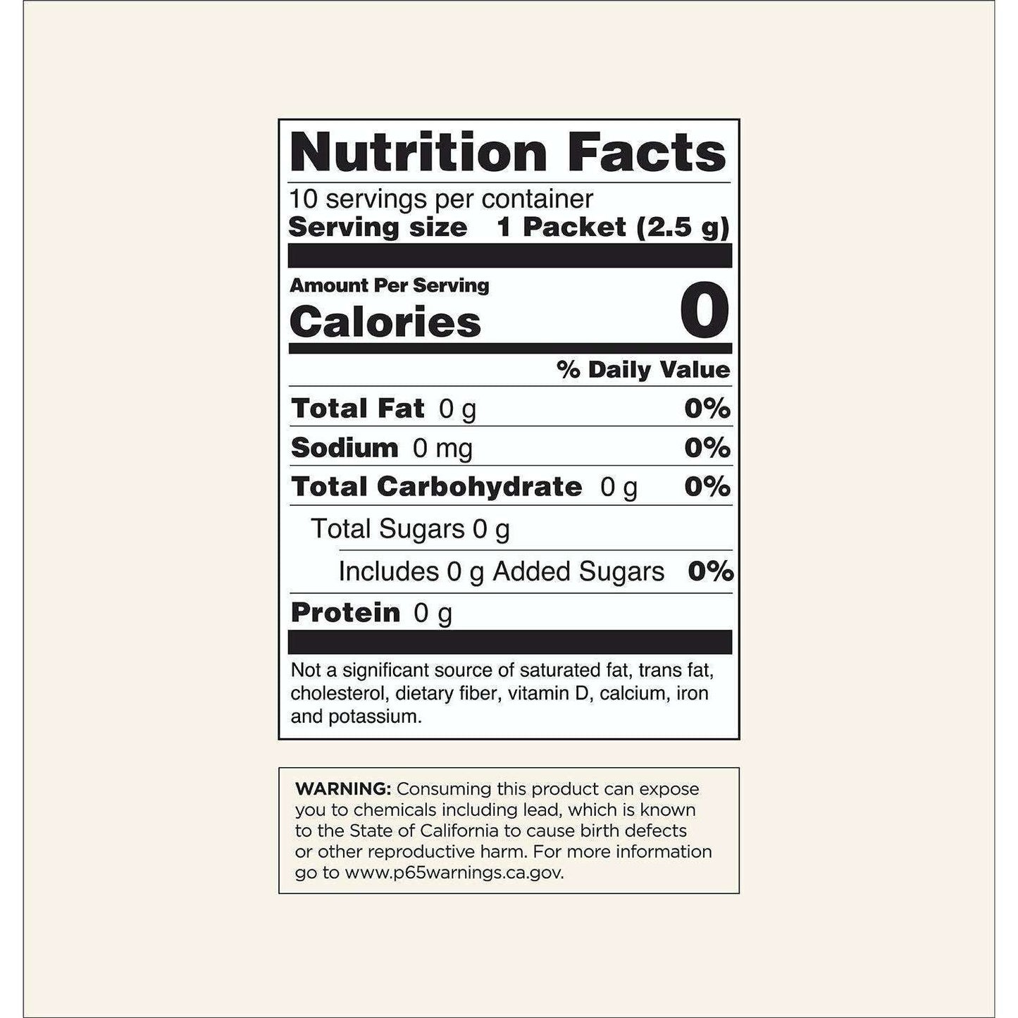 Four Sigmatic Instant Mushroom Coffee Lion’s Mane by Four Sigmatic: Nutrition Facts—Serving size 1 packet (2.5g), 10 servings per container. Each serving: 0 calories, fat, sodium, carbs, sugars, protein. Includes California Proposition 65 warning.