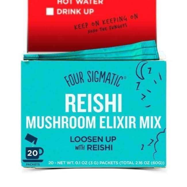 An open blue box labeled Four Sigmatic Instant Reishi with 20 packets is shown. The text highlights relaxing effects, and a red card on top says “Add hot water, drink up for natural sleep support.”.