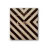 A square Goodio Organic Chocolate Coffee bar with diagonal brown and beige stripes features gold accents on "Coffee" and text: Goodio Craft Chocolate Stone Ground in Helsinki, 56% Cacao, dairy-free Raw Organic Vegan, 48g/1.7oz.