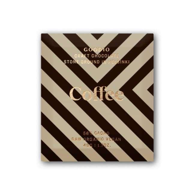 A square Goodio Organic Chocolate Coffee bar with diagonal brown and beige stripes features gold accents on "Coffee" and text: Goodio Craft Chocolate Stone Ground in Helsinki, 56% Cacao, dairy-free Raw Organic Vegan, 48g/1.7oz.