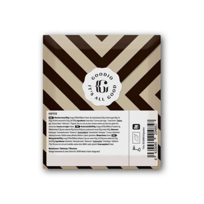 A square raw chocolate bar with a brown and beige zigzag design. In the center, a white circle says Goodio Organic Chocolate Coffee. Below is ingredient info—including dairy-free and Espresso Verde coffee beans—with a barcode at the lower right.