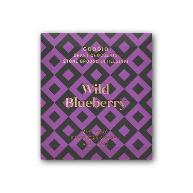 A square wrapper for Goodio Organic Chocolate Wild Blueberry features a purple-black diamond pattern. Text: GOODIO, Stone Ground in Helsinki. Inspired by Finnish wild blueberries. 61% raw, organic, vegan chocolate. 48g (1.7oz).