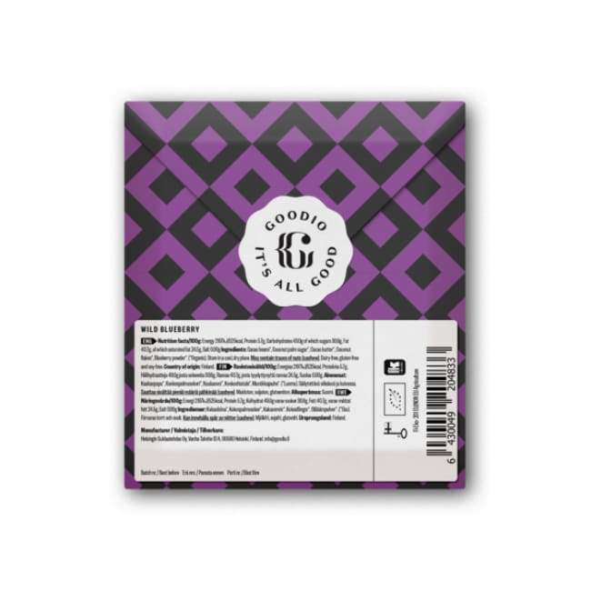 A package of Goodio Organic Chocolate Wild Blueberry features a purple and black geometric pattern, a circular Goodio Its All Good logo at the center, and displays wild blueberries, ingredient info, barcode, and certification icons below.