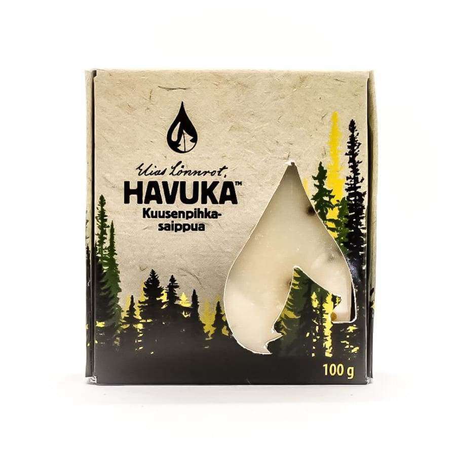 The Havuka Spruce Resin Soap Bar comes in a 100g box with forest graphics, a drop-shaped window, and black text on beige—crafted by Havuka for natural antiseptic care and effective dandruff prevention.