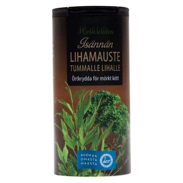 A container of Heikkilä's Farmer's Herb Mix for Meats, a Finnish spice blend for dark meats, with images of green herbs and Finnish text on the front.
