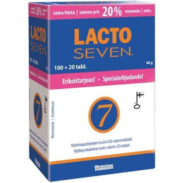 A box of Vitabalans Lacto Seven probiotic supplement with 120 tablets (20% extra) in blue, pink, and orange Finnish-Swedish packaging supports the immune system.