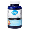 A blue bottle of Lysi Omega-3 Double+ by Lysi, with a white cap and a label showing omega-3 fatty acids (EPA, DHA), vitamins D3 & E, and a Product of Iceland badge.