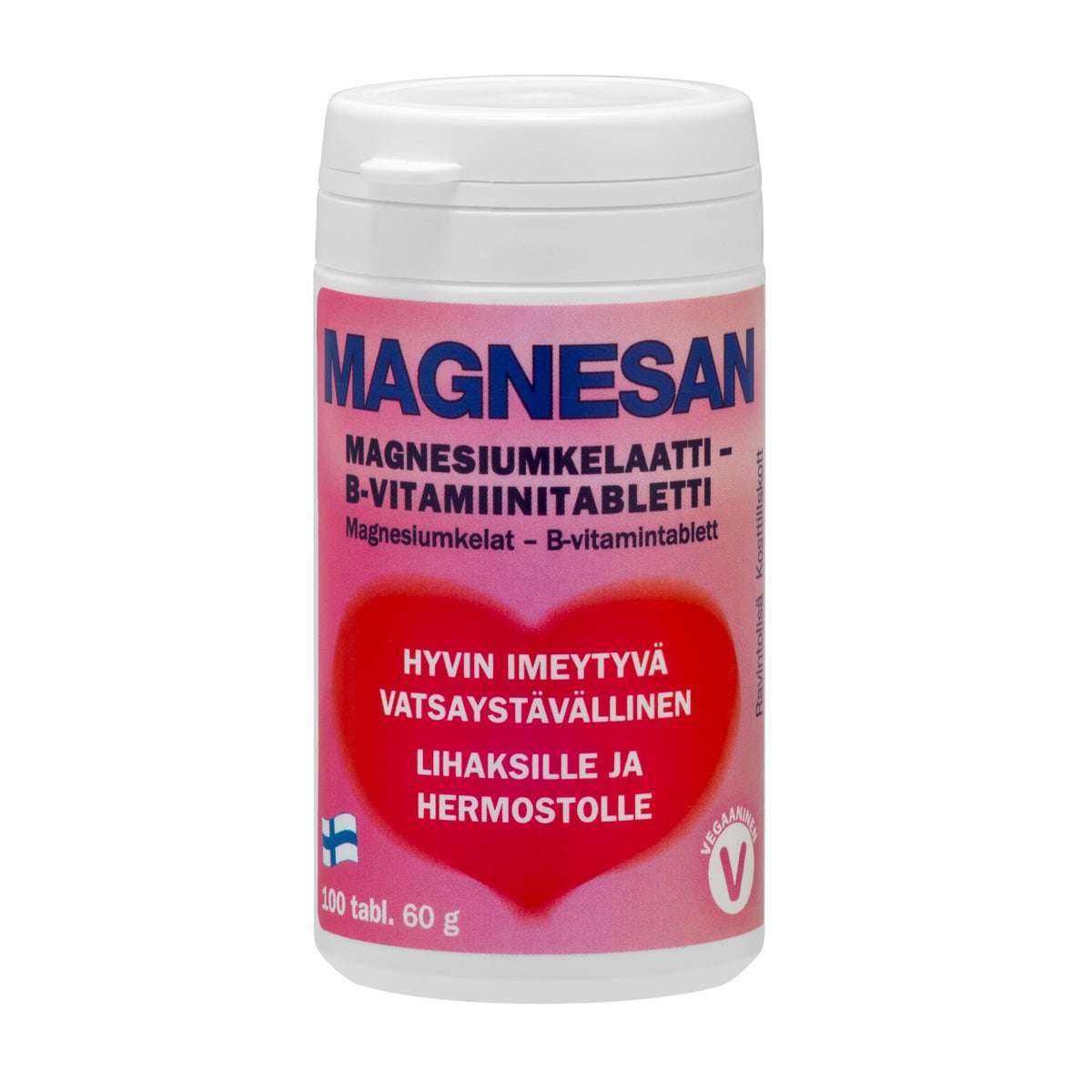 A white bottle labeled Magnesan by Hankintatukku features Finnish text, a large red heart, and info about this vegan magnesium and B vitamin supplement for muscles and the nervous system. The Finnish flag and vegan symbol are visible.