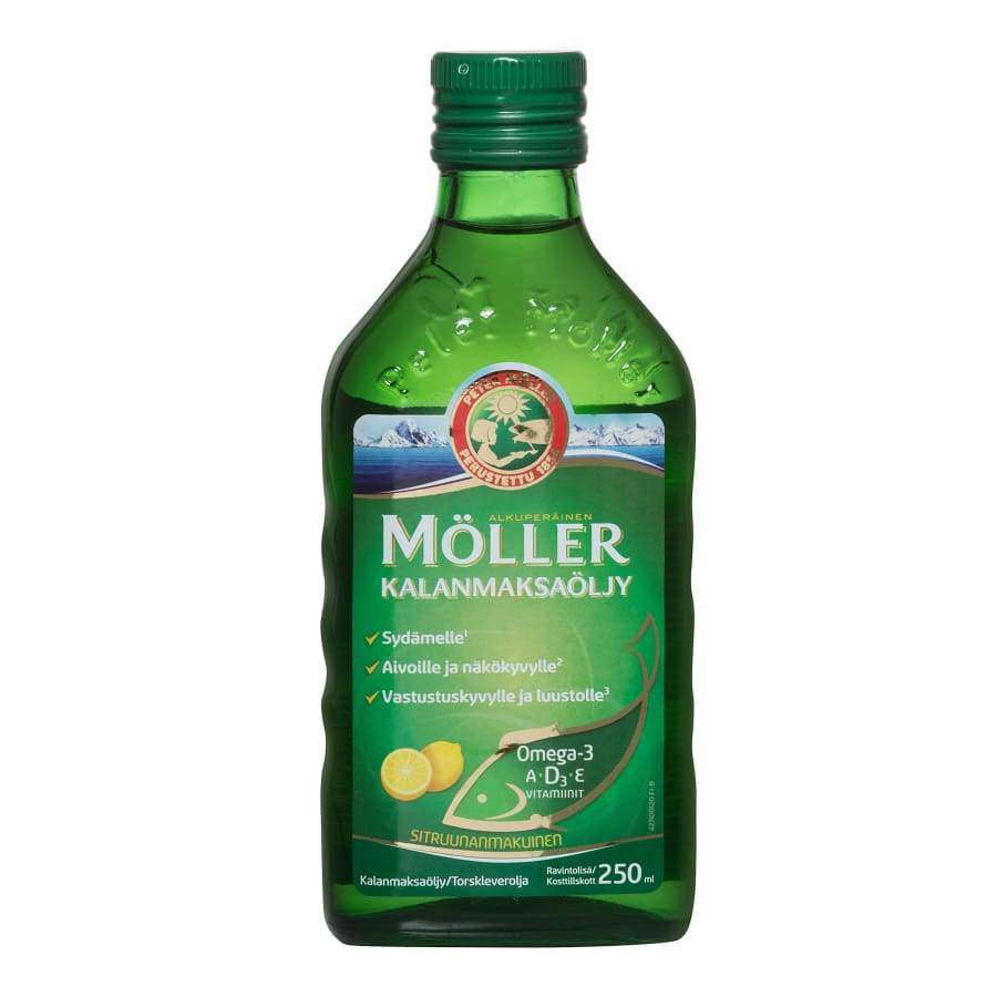 A 250 ml green bottle of Möller Cod Liver Oil by Möller, featuring a yellow lemon graphic and Finnish text highlighting heart, brain, and immunity benefits from vitamins D, A, E, and omega-3 fatty acids.