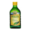 A 250 ml green bottle of Möller Cod Liver Oil by Möller, with a yellow cap and Finnish label, is rich in omega-3, vitamins D, A, and E, and supports heart, eye, and immune health.