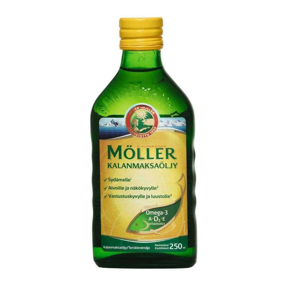 A 250 ml green bottle of Möller Cod Liver Oil by Möller, with a yellow cap and Finnish label, is rich in omega-3, vitamins D, A, and E, and supports heart, eye, and immune health.