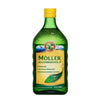 A 500 ml green bottle of Möller Cod Liver Oil by Möller, with a yellow Finnish label, fish illustration, and details on health benefits, rich in omega-3 plus vitamins D, A, and E.