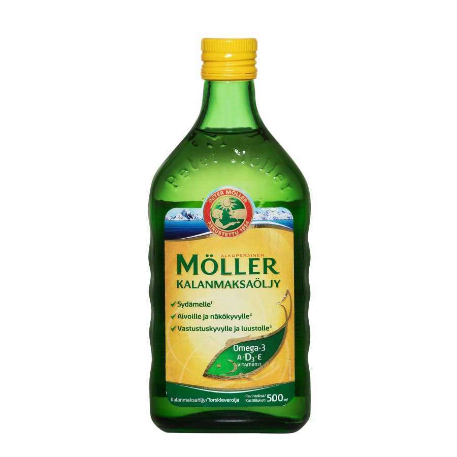 A 500 ml green bottle of Möller Cod Liver Oil by Möller, with a yellow Finnish label, fish illustration, and details on health benefits, rich in omega-3 plus vitamins D, A, and E.