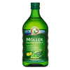 A 500 ml green bottle of Möller Cod Liver Oil features a green cap, a label with a fish, lemon, and Finnish text, and highlights omega-3s plus vitamins D, A, and E.