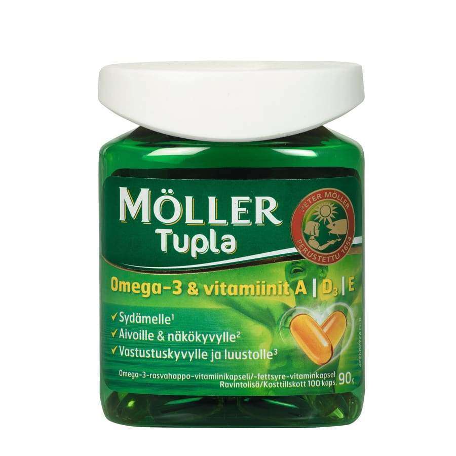 The Möller Double Omega-3 by Möller comes in a green bottle with a white lid, perfect for storing supplements such as vitamins A, D, and E to help support your immune system.