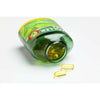 A green plastic Möller Double Omega-3 bottle by Möller lies on its side, cap off, with two yellow capsules next to the opening on a white surface.