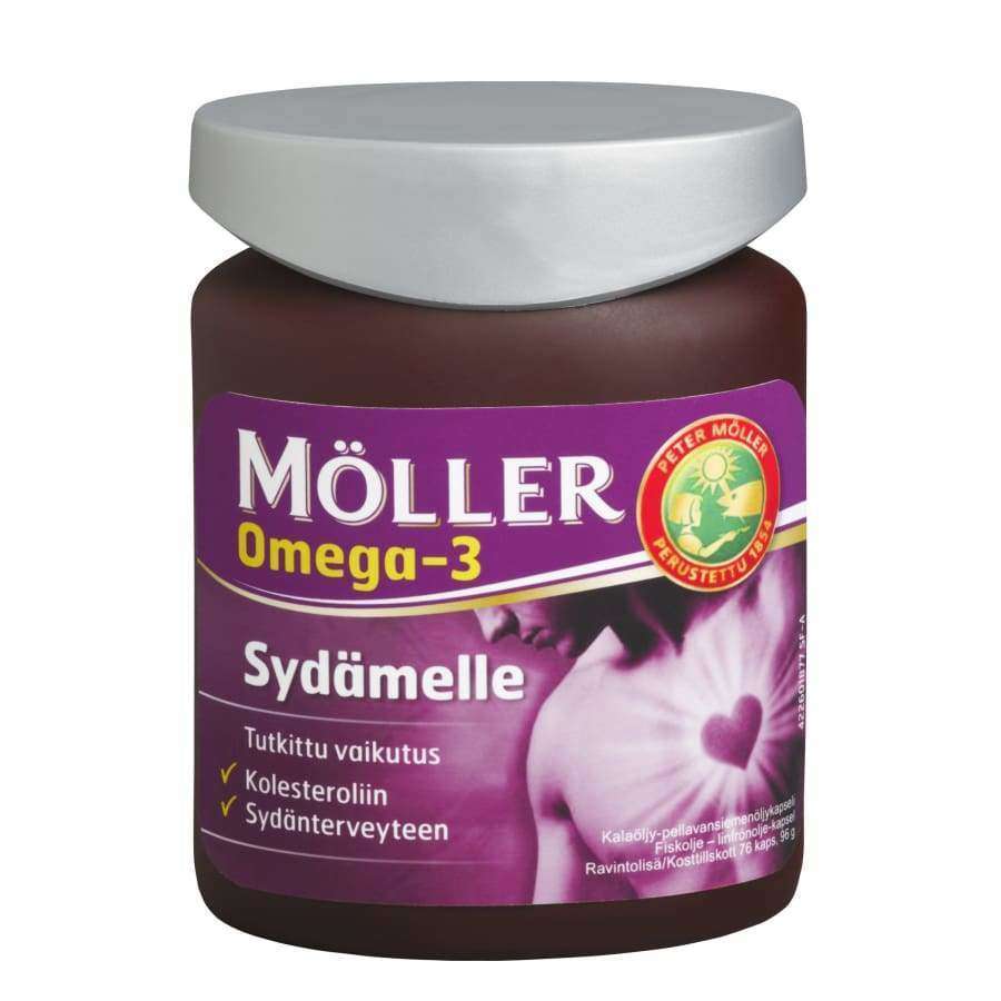 A bottle of Möller Omega-3 Heart features a woman holding a pink heart on her chest, highlighting the omega-3 benefits for blood cholesterol and heart health, with details in Finnish.