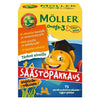 A colorful box of Möller Omega-3 Little Fishes kids’ supplements with vitamin D, featuring a smiling cartoon fish in a graduation cap, Finnish text, and bright orange, blue, and yellow accents to support brain health.