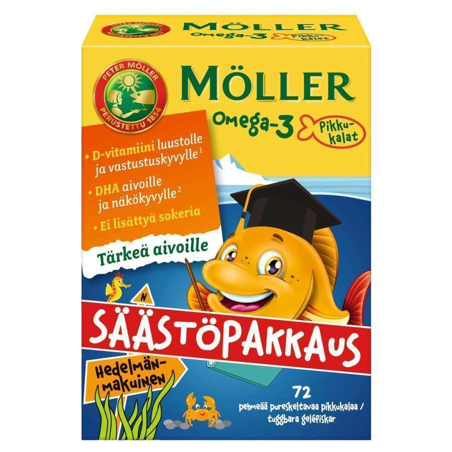 A colorful box of Möller Omega-3 Little Fishes kids’ supplements with vitamin D, featuring a smiling cartoon fish in a graduation cap, Finnish text, and bright orange, blue, and yellow accents to support brain health.
