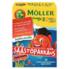 A vibrant Möller Omega-3 Little Fishes box shows a cartoon fish with a graduation cap on a blue water background, with Finnish text highlighting vitamin D, brain support, and 72 berry-flavored gummies. Brand: Möller.