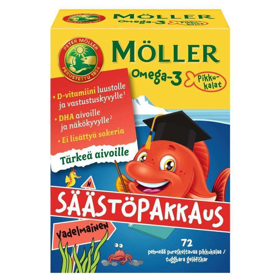 A vibrant Möller Omega-3 Little Fishes box shows a cartoon fish with a graduation cap on a blue water background, with Finnish text highlighting vitamin D, brain support, and 72 berry-flavored gummies. Brand: Möller.