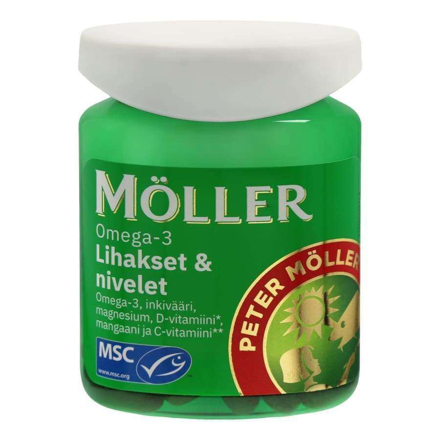 A green jar of Möller Omega-3 Muscles & Joints by Möller, featuring a white cap, Finnish text, MSC certification, and a gold emblem with sun and fish illustrations on the label.