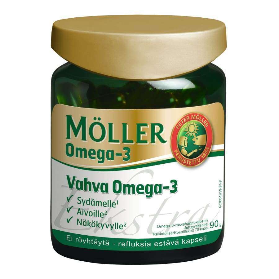 A green jar of Möller Strong Omega-3 by Möller with a gold lid features Finnish text on heart, brain, and vision benefits. The jar contains 90 capsules rich in EPA and DHA and displays the Möller logo.