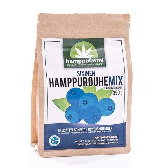 A brown paper package labeled Nordic Hempfarm Blue Hemp Mix, with images of Finnish berries and Finnish text. The 350g bag from Nordic Hempfarm highlights no added sugar and high-fiber hemp groats.