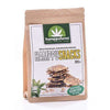 A brown paper package labeled Nordic Hempfarm HempSnacks shows stacked seed crackers. Green text and a hemp leaf logo emphasize these vegan, 100% natural, light-salted snacks from Nordic Hempfarm, with a net weight of 200 grams.
