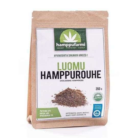 A brown paper package of Nordic Hempfarm Organic Hemp Powder, made from Finnish hemp seeds. The 350g bag features green and white designs, Finnish text, and is ideal for a ketogenic diet. Brand: Nordic Hempfarm.